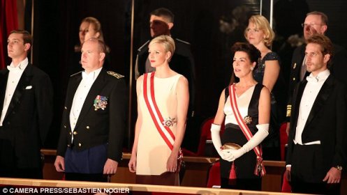 The royals at a recent Monaco National Day ceremony; from left to right: Pierre Casiraghi, Prince Albert, Princess Charlene, Princess Caroline and Andrea Casiraghi (Courtesy: Daily Mail)